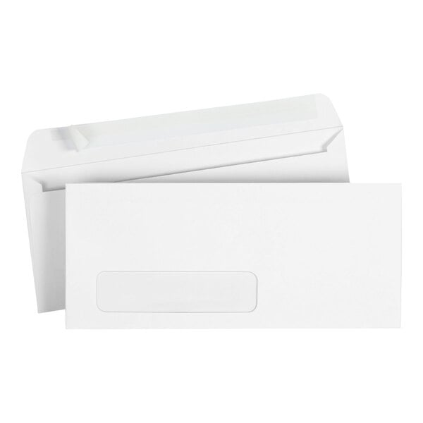 A white business envelope with a window and a peel seal adhesive strip.