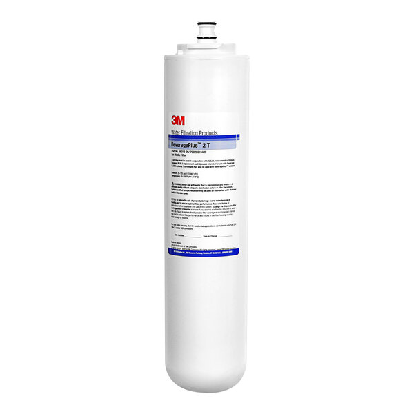 A white cylinder with a blue and black label for 3M Water Filtration Products TDS Adjustment Replacement Cartridge.