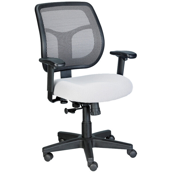 A white office chair with black mesh back, arms, and wheels.