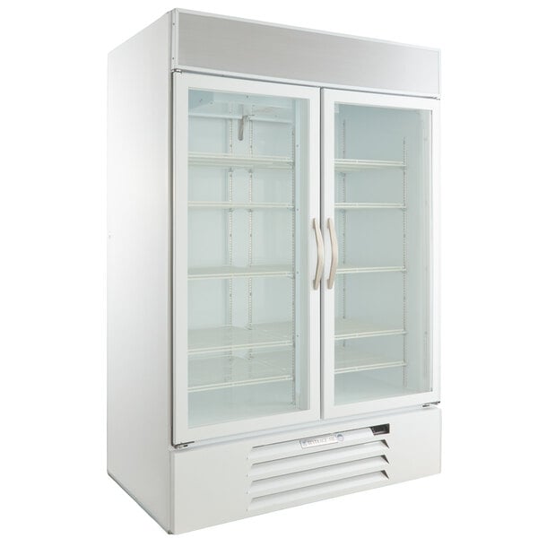 A white Beverage-Air refrigerated glass door merchandiser.