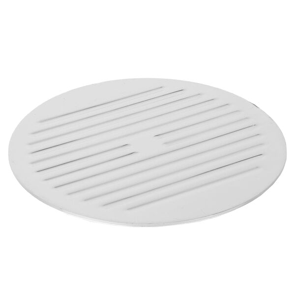 A white round Avantco slicer blade cover with lines on it.