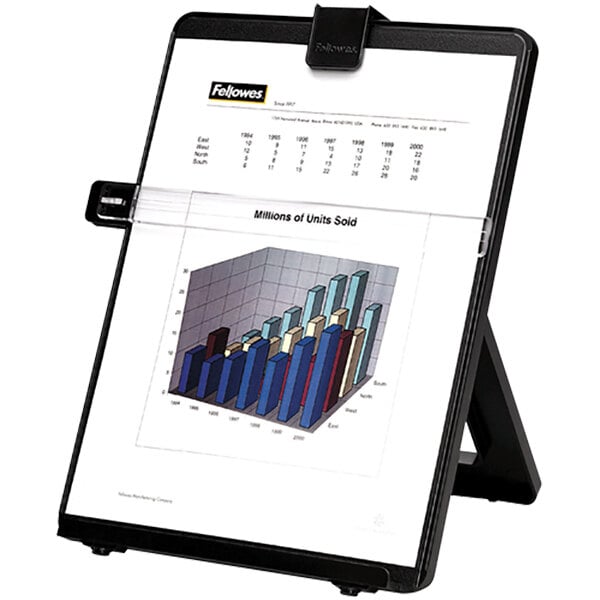 A black Fellowes desktop copyholder stand with white paper displaying a graph.