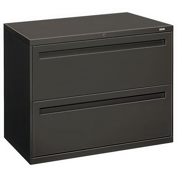 A charcoal HON metal lateral file cabinet with two drawers.