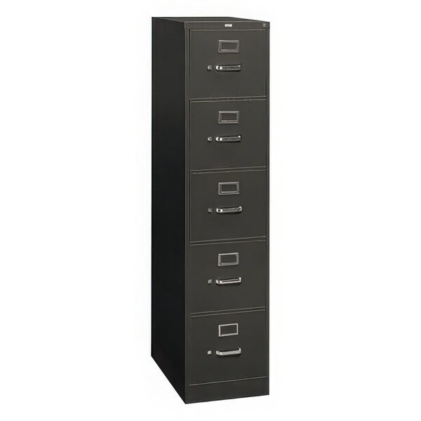 A charcoal HON filing cabinet with five drawers and silver handles.