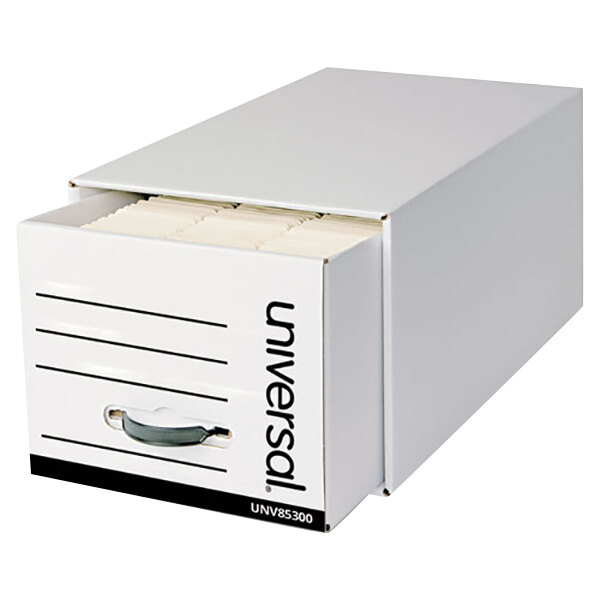 A white Universal letter file storage drawer with two drawers.