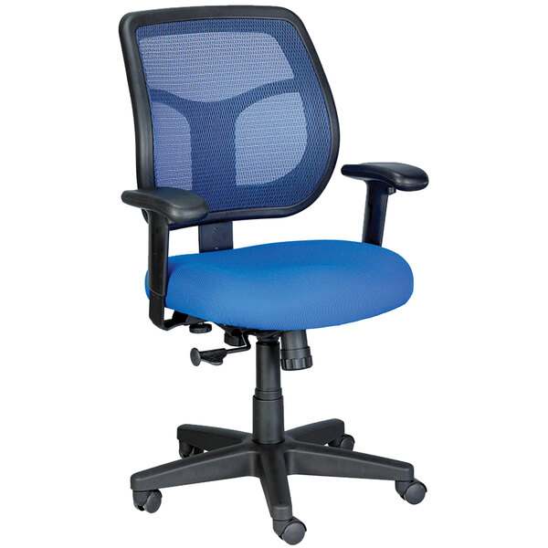A blue Eurotech office chair with black arms and wheels.