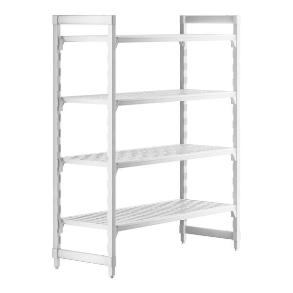 A white plastic Cambro shelving unit with four vented shelves.