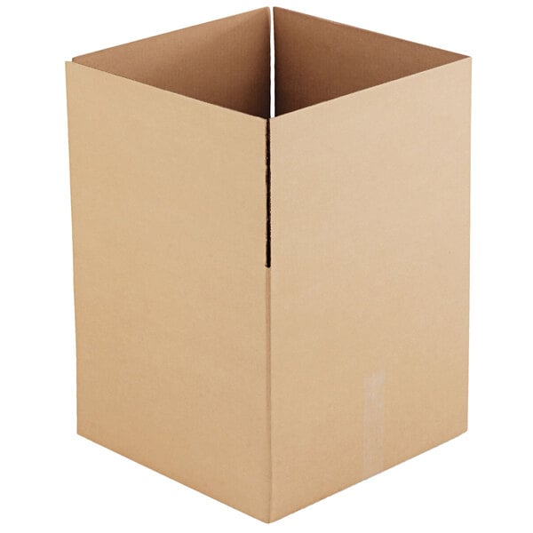A close-up of an 18" x 18" x 16" Kraft cardboard shipping box with a corner cut out.