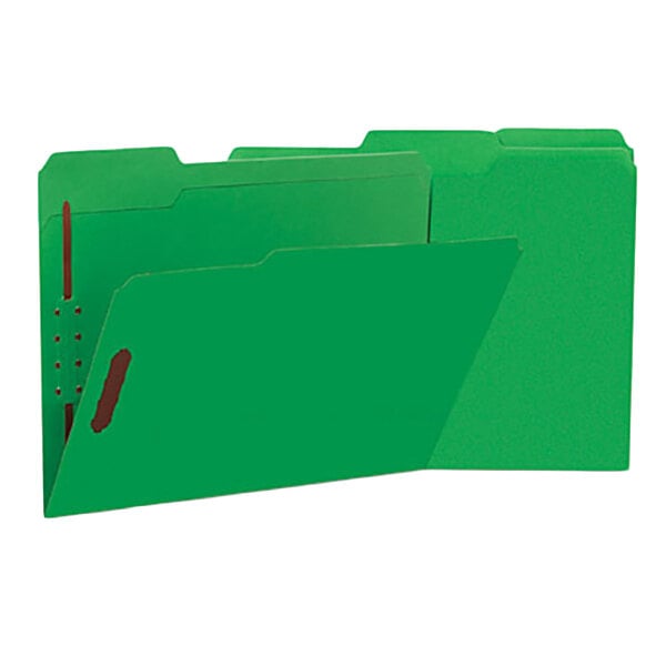 A green file folder with 2 fasteners and 1/3 cut tabs.