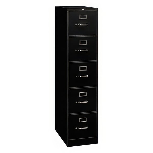 A black HON five-drawer full-suspension file cabinet.