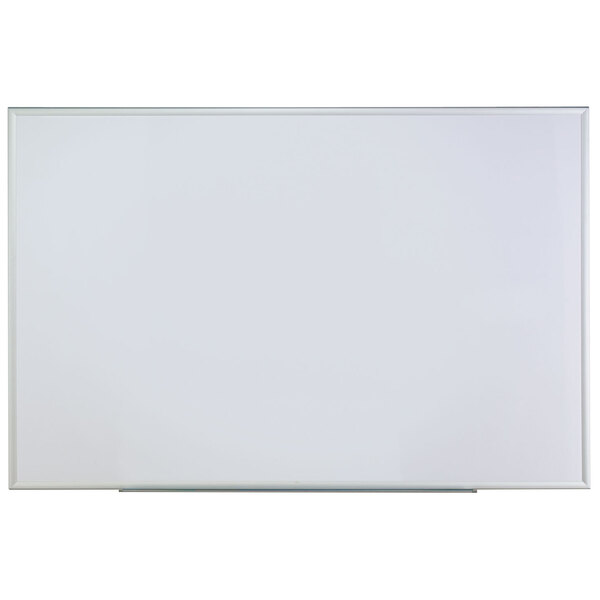 A white melamine dry-erase board with a satin-finished aluminum frame.