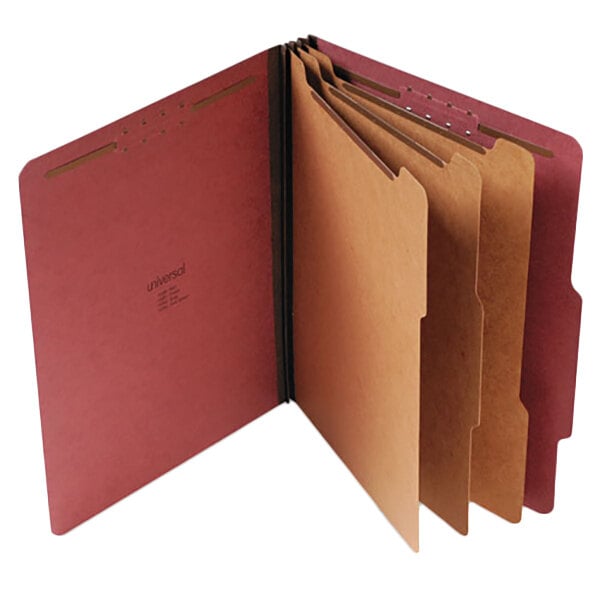 A close-up of a red Universal letter size classification folder with brown and tan paper inside.