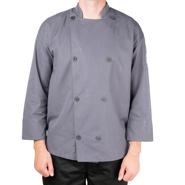 A man wearing a Chef Revival gray long sleeve chef jacket.