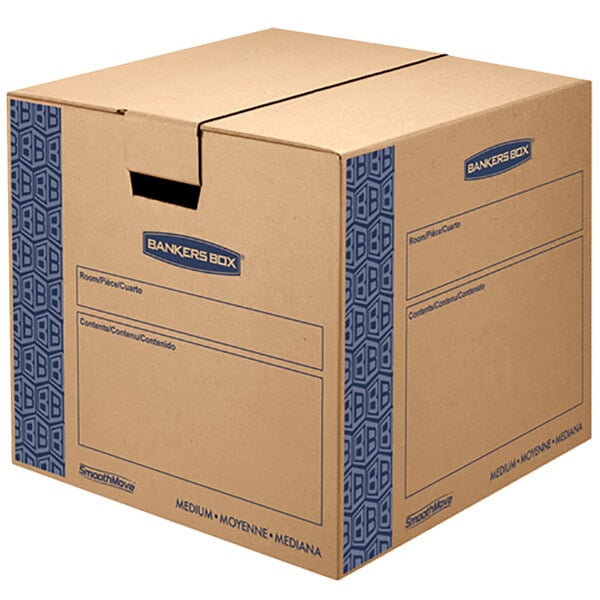 A brown cardboard Banker's Box with blue writing on it.