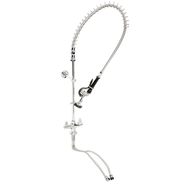 A chrome Equip by T&S pre-rinse faucet with a curved metal hose attached to it.