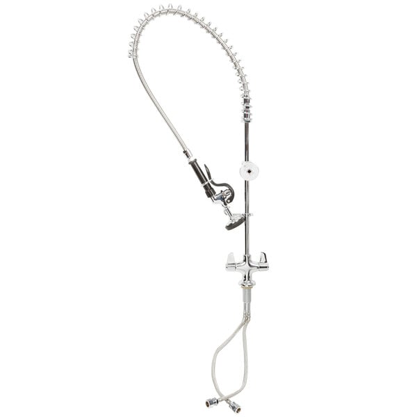 A silver pre-rinse faucet pipe with a hose attached.