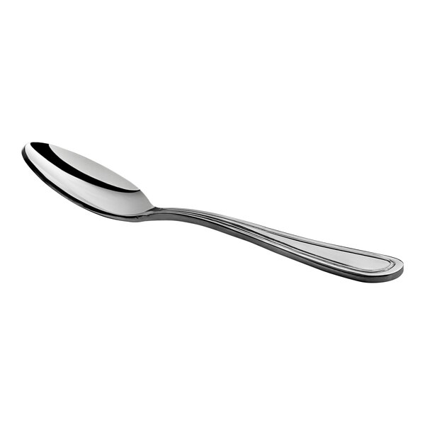 An Acopa Edgewood stainless steel demitasse spoon with a silver handle and spoon.
