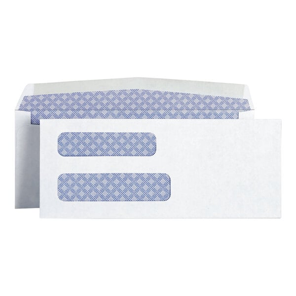A white business envelope with side seams, double windows, and a blue security tint inside.