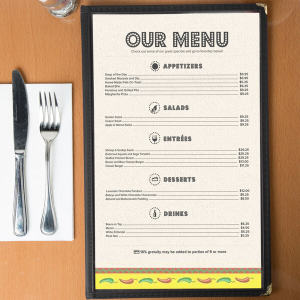 A Southwest themed menu on a table.