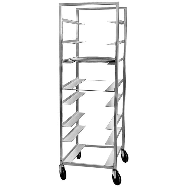 A Channel aluminum sheet pan rack with shelves on wheels.