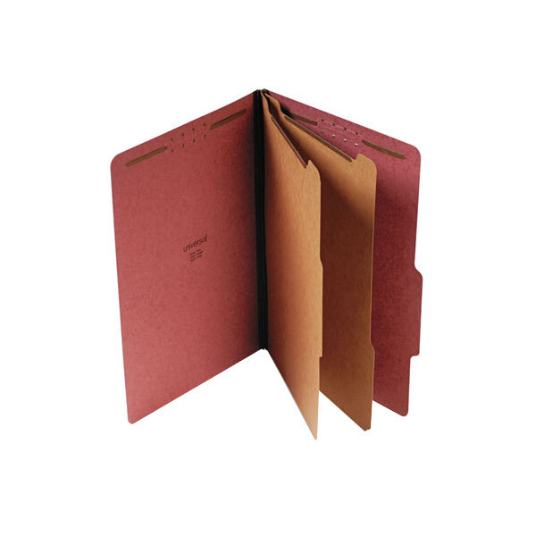 A close-up of a red Universal legal size classification folder with brown and tan tabs.