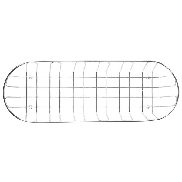 A Clipper Mill chrome metal long oval wire basket with a grid.