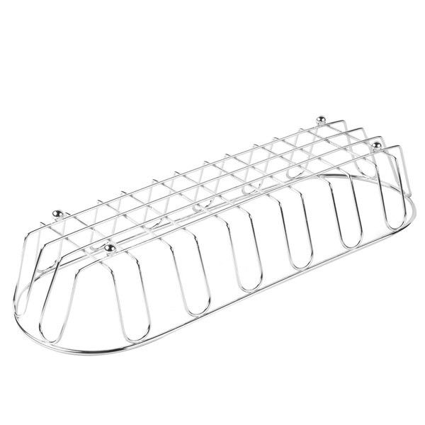 A Clipper Mill chrome metal long oval wire basket with a handle.