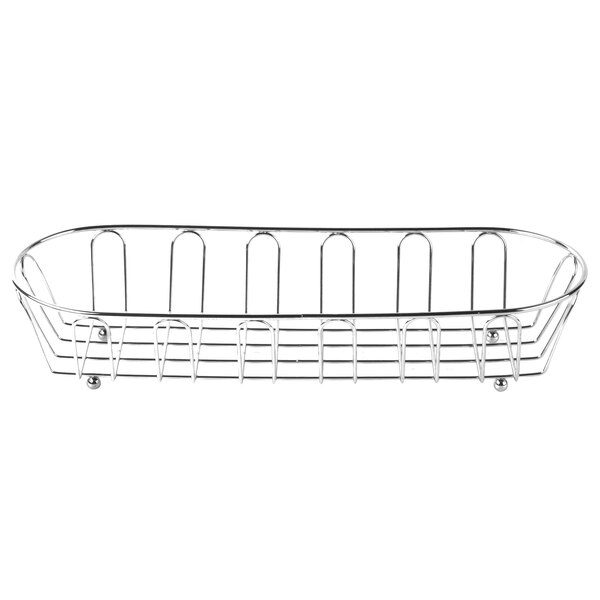 A Clipper Mill chrome metal long oval wire basket with a curved design and handle.