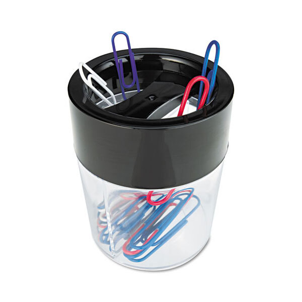 A black Universal magnetic clip dispenser holding several paper clips.