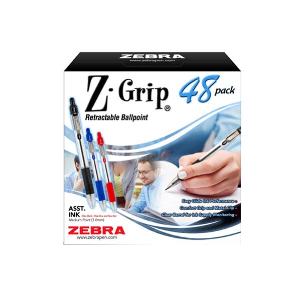 A box of Zebra Z-Grip pens with assorted ink and barrel colors.