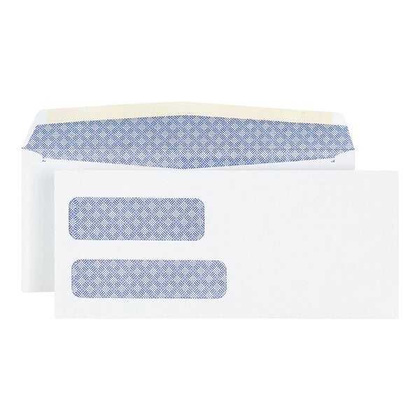 A white business envelope with side seams, double windows, and a blue security tint lining.