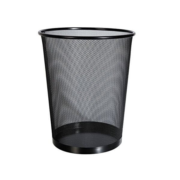 A black mesh Universal wastebasket.
