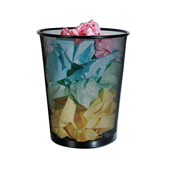 A black Universal mesh metal wastebasket filled with colorful crumpled paper.