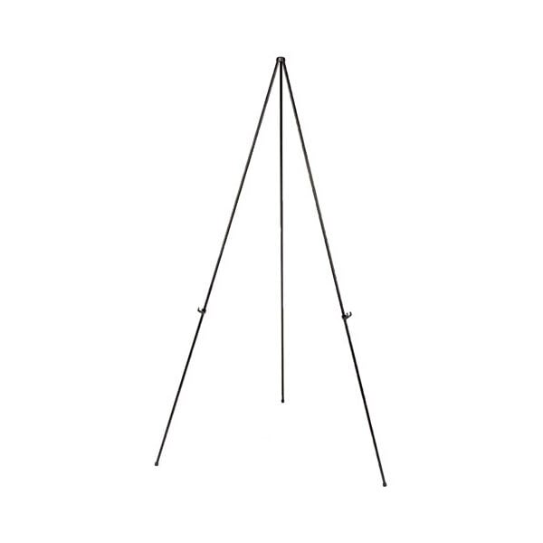 A black aluminum Universal foldaway easel set up on a white background.