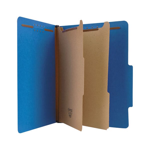 A blue Universal letter size classification folder.