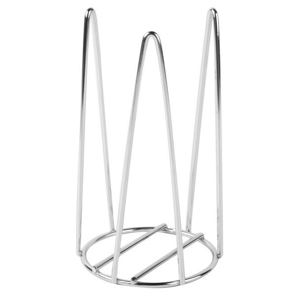 A Clipper Mill chrome plated metal cup holder with a handle on a countertop.