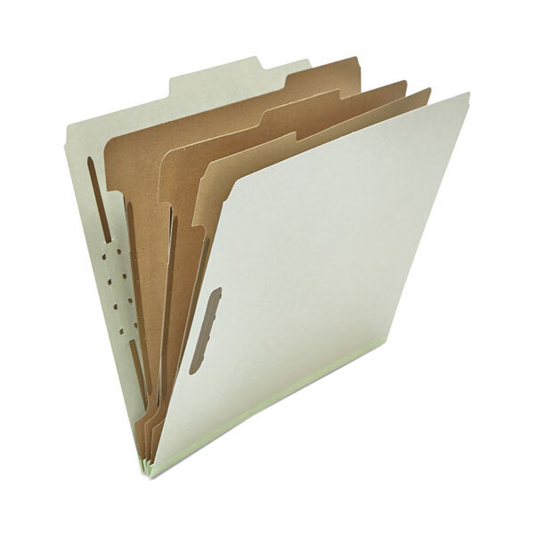 A Universal file folder with brown tabs holding four different colored papers.