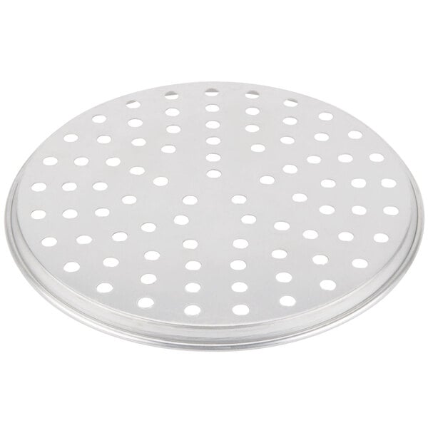 An American Metalcraft aluminum pizza pan with holes.