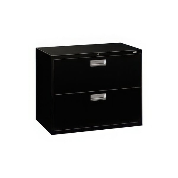 A black HON Brigade two-drawer lateral filing cabinet with silver handles.