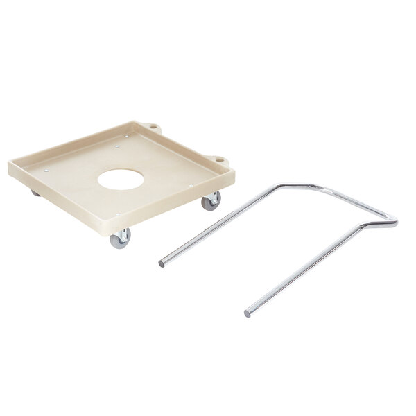 A beige plastic tray with swivel casters and a metal rod.