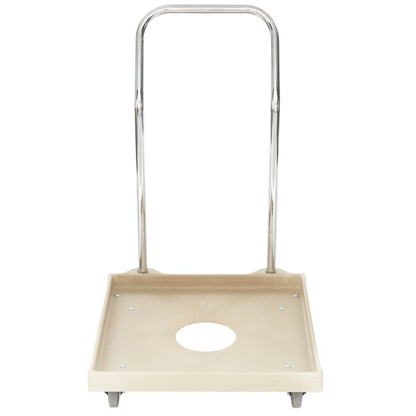 A beige plastic Vollrath dish rack dolly with a chrome-plated metal handle and swivel casters.