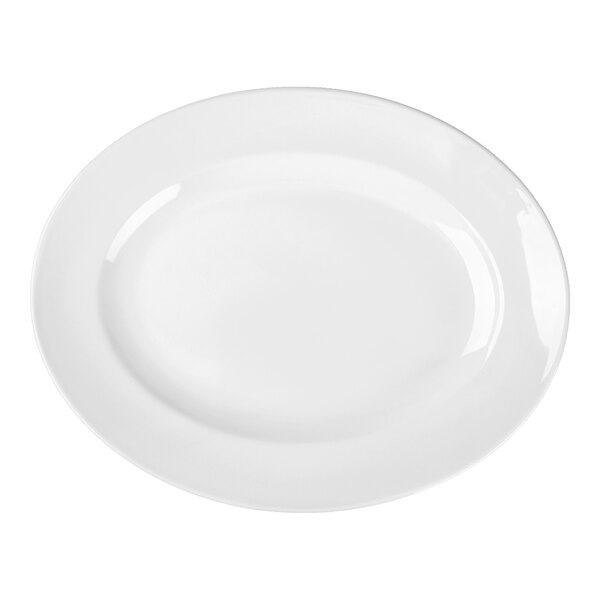 A bright white oval porcelain platter with a medium rim.