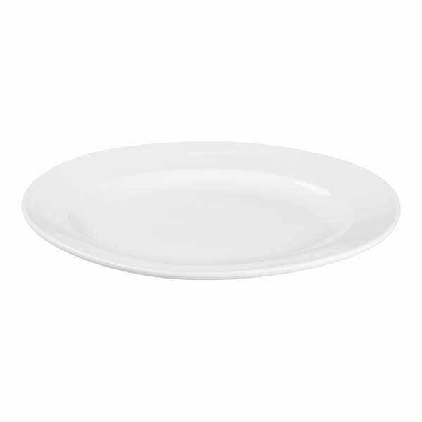 A bright white oval porcelain platter with a medium rim.