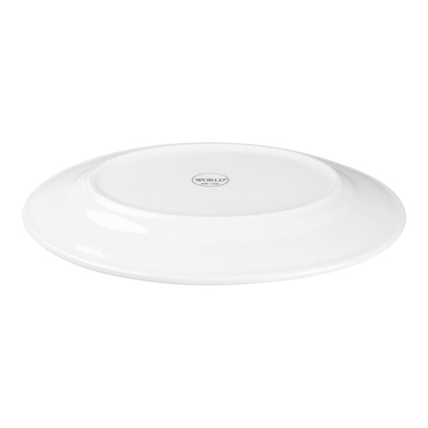 An oval-shaped, bright white porcelain platter shown upside down.