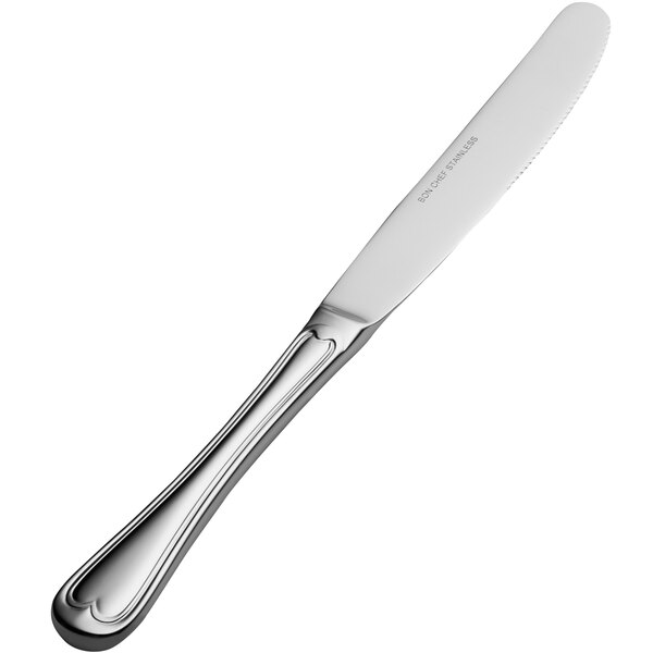 A Bon Chef stainless steel dinner knife with a solid silver handle.