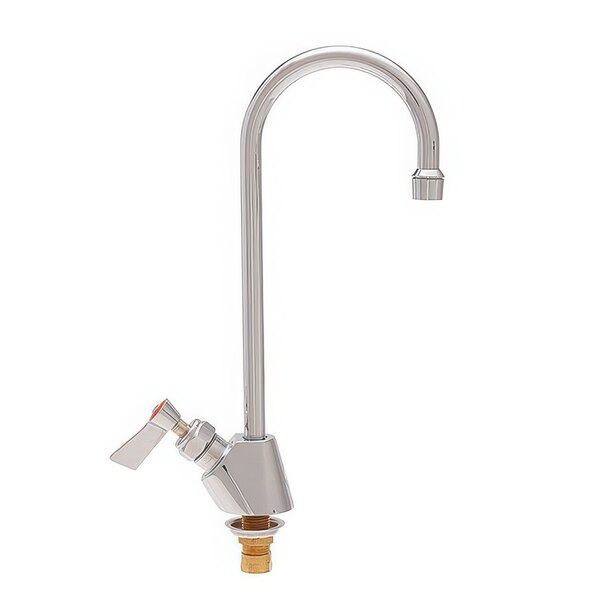 A Fisher stainless steel deck-mounted faucet with a swivel gooseneck and lever handle.