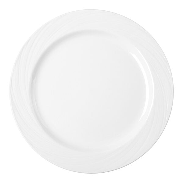 A plain, round, bright white porcelain plate with a medium rim.