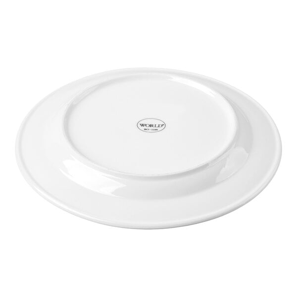 A white porcelain plate with a medium rim, shown upside down.