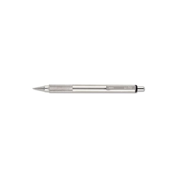 A close-up of a Zebra M-701 mechanical pencil with a metal barrel and black tip.