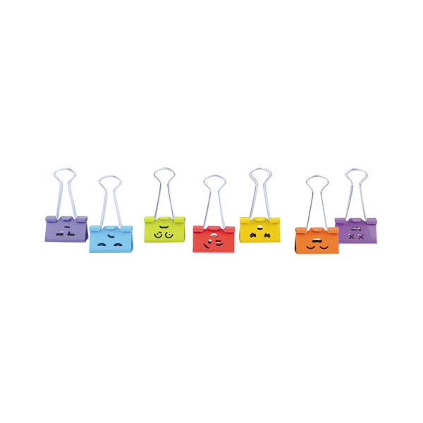 A row of Universal assorted emoji themed medium binder clips in different colors with emoji designs on the handles.